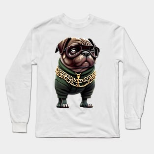 Cool Pug with Hoodie and Chain - Hip Hop Pug Boss T-Shirt Design Long Sleeve T-Shirt